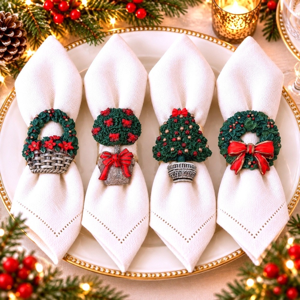 Vtg 90s Nature' Christmas Topiary Napkin Rings Set of 8 Topiary Tree Wreath Box